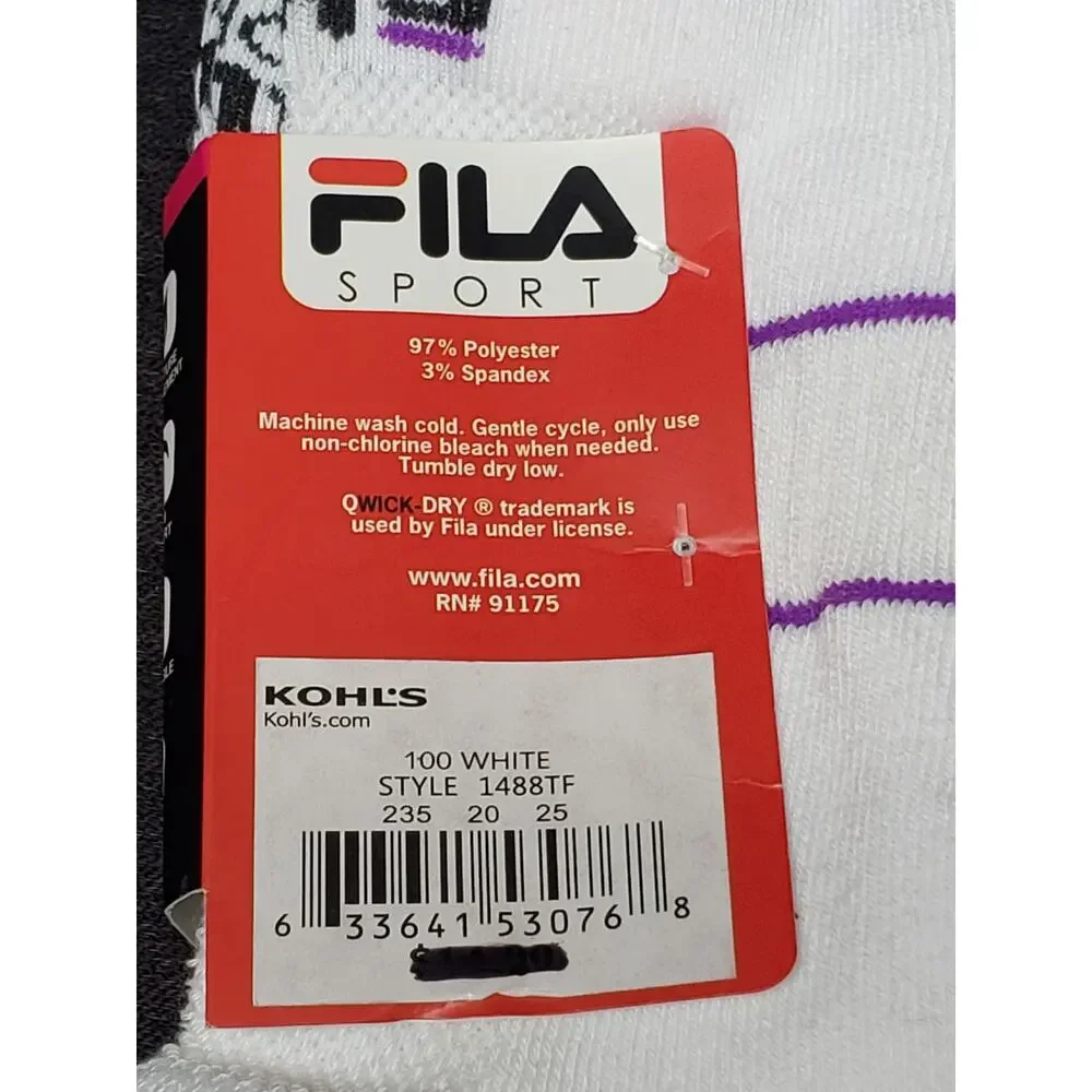 FILA Sport QWICK-DRY 3 Pack No Show Socks Shoe Size 4-10 White w. Stripes | BNWT